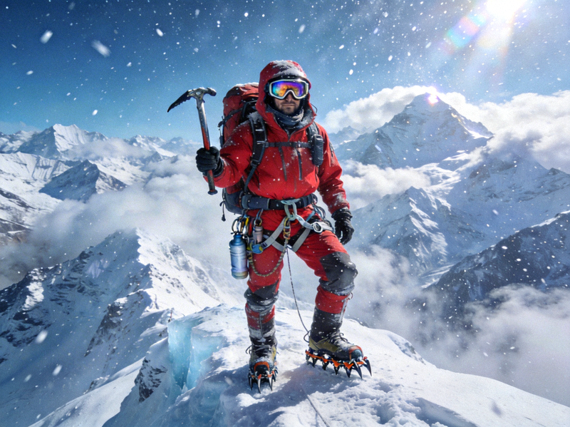 专业登山者在雪山之巅使用高端登山装备的震撼场景
