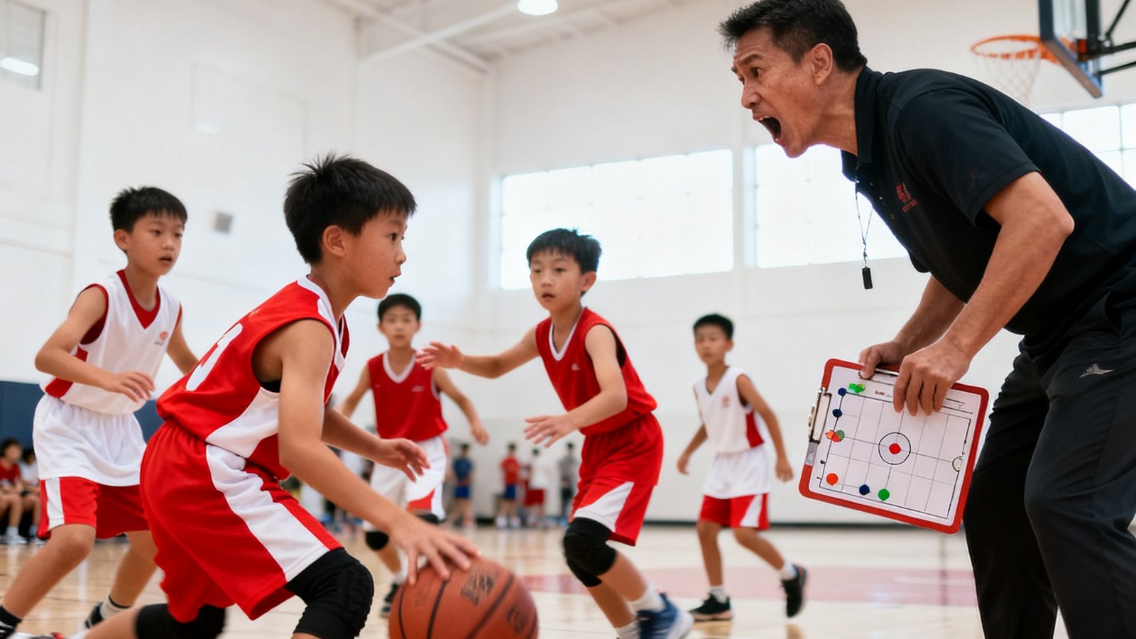一群10岁左右的篮球小学员在明亮的室内球馆进行5对5对抗赛，身穿红白两色队服，教练在场边拿着战术板大声指导，孩子们神情专注。