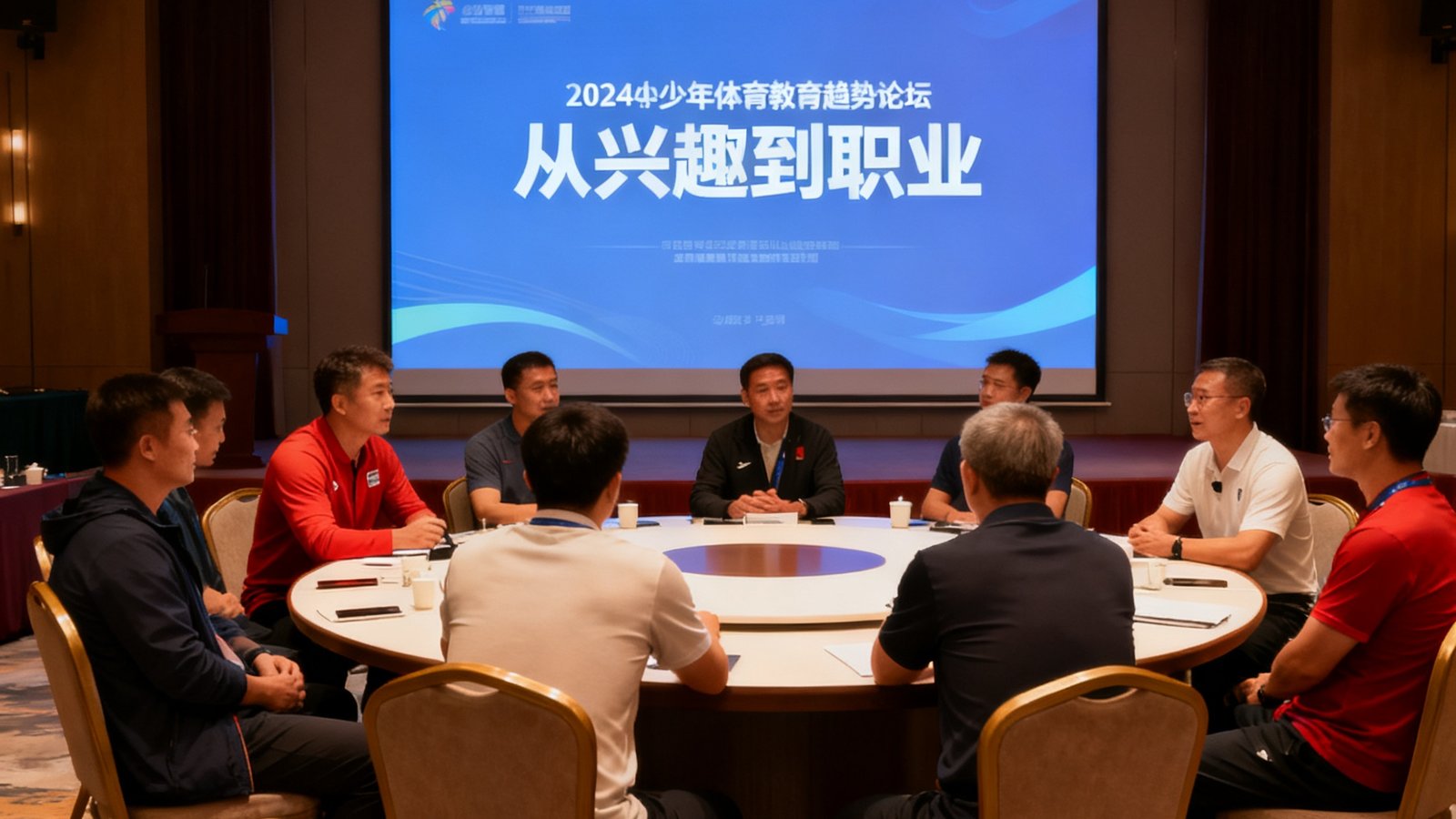 2024青少年体育教育趋势论坛现场，多位体育教育专家围坐在圆桌前进行讨论，背景屏幕显示'从兴趣到职业'的主题字样。