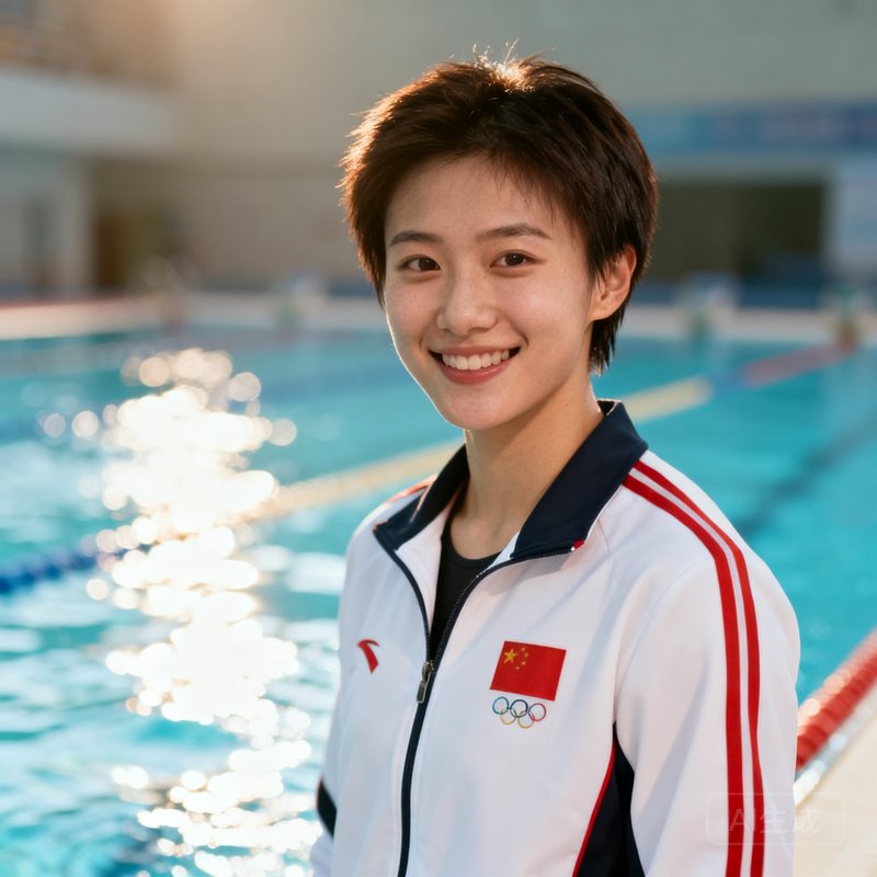 郑雅文——2016年里约奥运会女子游泳铜牌得主，身穿国家队训练服，在泳池边微笑，短发干练，眼神坚定。