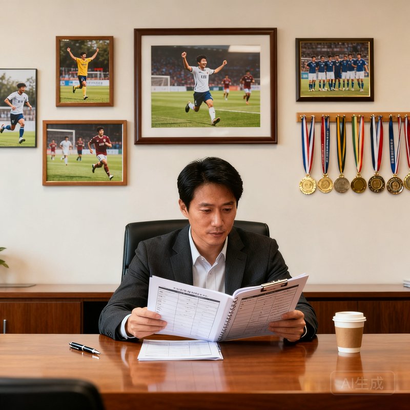 周远航——联合创始人兼CEO，前西汉姆联青年队球员，坐在办公室中翻阅学员档案，墙上挂着学员们的比赛照片和奖牌。